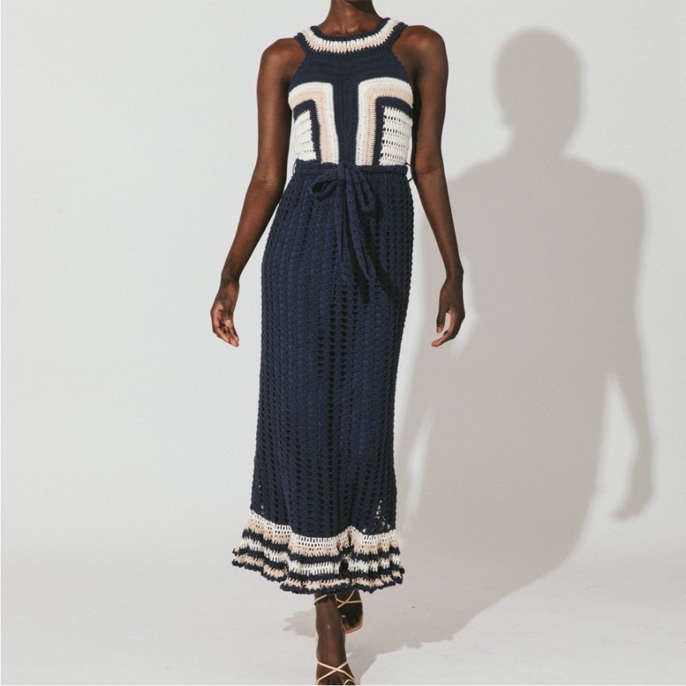 Cleobella small Navy and Cream Crochet Midi Dress ruffle hem - Picture 5 of 5